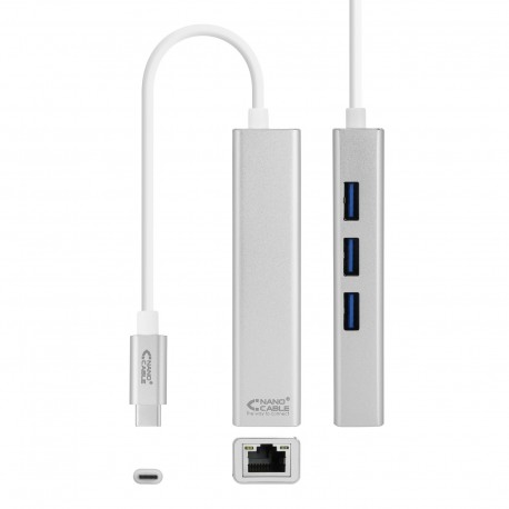 Nanocable Conversor USB-C a Ethernet Gigabit + 3xUSB 3.0, Plata, 15 cm 10.03.0404