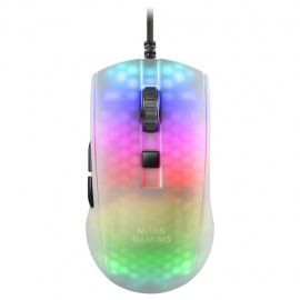 Mars Gaming MMRW Blanco, Ratón Gaming RGB Chroma Estructura Translúcida Ultra-ligera 58g 12800 DPI Switches Mecánicos HUANO