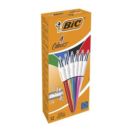 BIC 4 Colours Shine Negro, Azul, Verde, Rojo Bolígrafo de punta retráctil con pulsador Medio 12 pieza(s) - 964775