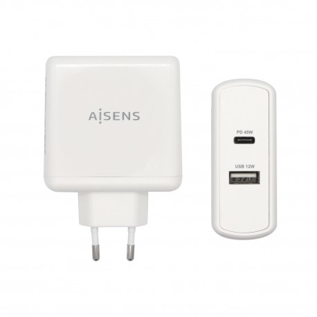 AISENS Cargador 57 W, 1x USB-C PD3.0 45 W, 1x USB-A 5 V / 2.4 A 12 W, Blanco - ASCH-2PD45A-W