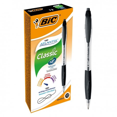 BIC Atlantis Classic Negro Bolígrafo de punta retráctil con mecanismo de giro Medio 12 pieza(s)