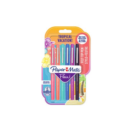 Papermate Flair Tropical Bolígrafo de gel con tapa Medio Negro, Azul, Naranja, Rosa, Púrpura 6 pieza(s)