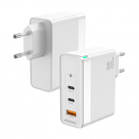 AISENS Cargador Gan 100W, 2xUSB-C PD3.0 QC4.0 QC5.0, 1xUSB-A QC3.0, Blanco