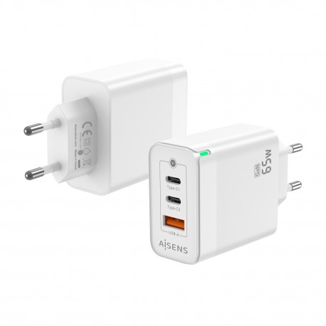 AISENS Cargador Gan 65W, 2xUSB-C PD3.0 QC4.0, 1xUSB-A QC3.0, Blanco