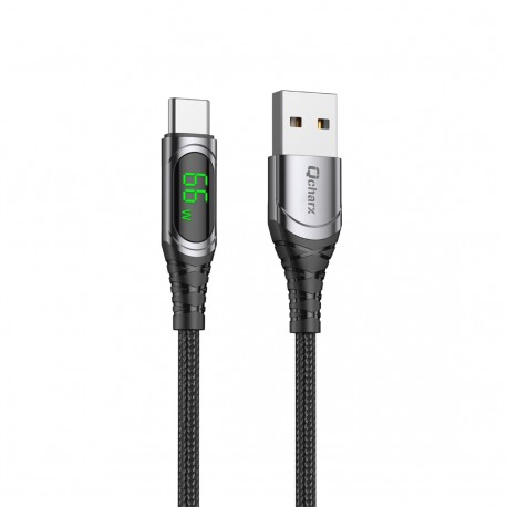 Cable qcharx menorca usb a tipo c 3a 66w - 1 m - aleación aluminio negro cable suave digital display