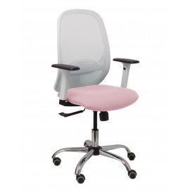 Silla Cilanco blanca malla blanca asiento bali rosa brazo regulable base cromada ruedas de parqué