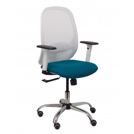 Silla Cilanco blanca malla blanca asiento bali verde brazo regulable base cromada ruedas de parqué