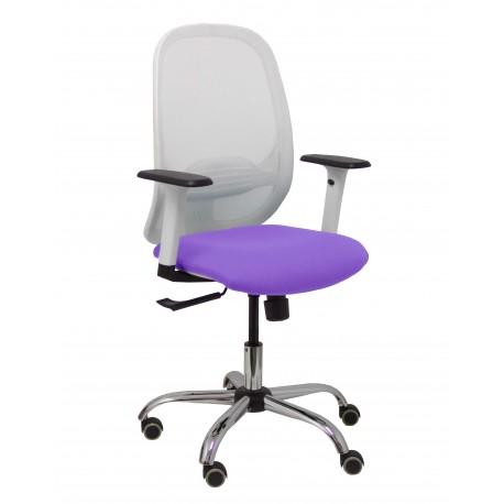 Silla Cilanco blanca malla blanca asiento bali lila brazo regulable base cromada ruedas de parqué