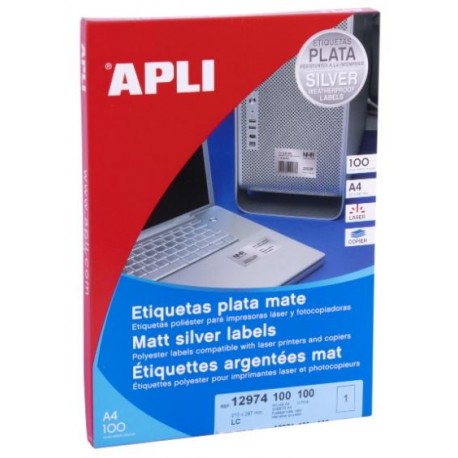 APLI ETIQUETAS METALIZADAS 210,0 X 297,0 MM CANTOS RECTOS PLATA - 100 HOJAS-