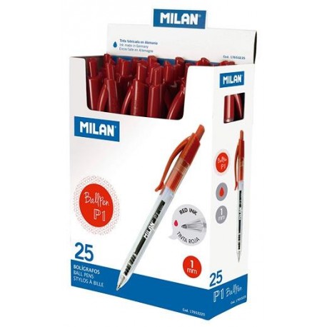 MILAN BOLÍGRAFO P1 CUERPO TRANSPARENTE ROJO -CAJA EXP 25U-