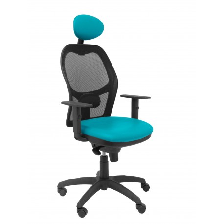 Silla Jorquera malla negra asiento similpiel verde con cabecero fijo