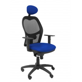 Silla Jorquera malla negra asiento similpiel azul con cabecero fijo