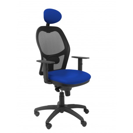 Silla Jorquera malla negra asiento similpiel azul con cabecero fijo