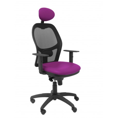 Silla Jorquera malla negra asiento similpiel morado con cabecero fijo