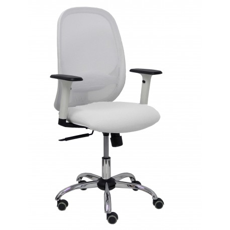 Silla Cilanco blanca malla blanca asiento similpiel blanco brazo regulable base cromada ruedas de