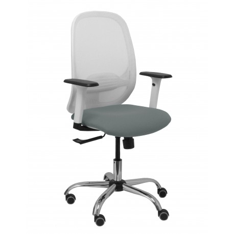 Silla Cilanco blanca malla blanca asiento bali gris brazo regulable base cromada ruedas de parqué