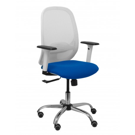 Silla Cilanco blanca malla blanca asiento bali azul brazo regulable base cromada ruedas de parqué