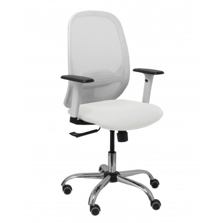 Silla Cilanco blanca malla blanca asiento bali blanco brazo regulable base cromada ruedas de parqué