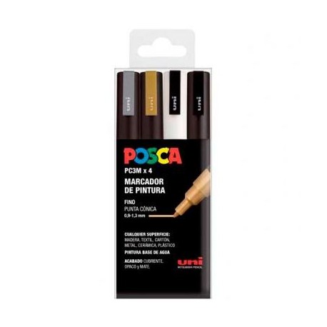 UNIBALL MARCADOR POSCA PC-3M/4C NO PERMANENTE PUNTA FINA 0.9MM-1.3MM COLORES SURTIDOS GSWB -ESTUCHE 4U-