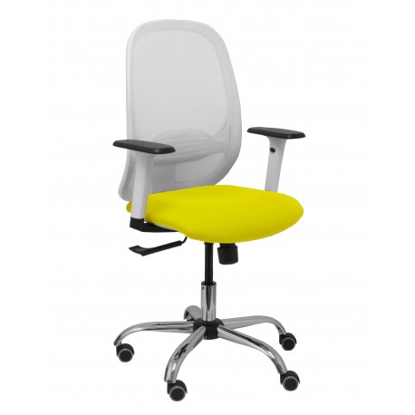 Silla Cilanco blanca malla blanca asiento bali amarillo brazo regulable base cromada ruedas de parqué