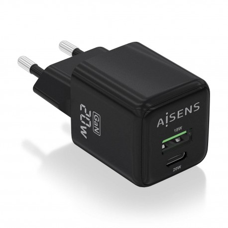 AISENS Cargador GaN 20W, 1xUSB-C PD3.0 QC4.0, 1xUSB-A QC3.0, Negro