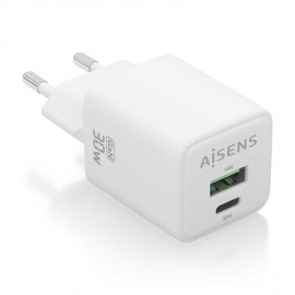 AISENS Cargador Gan 30W, 1xUSB-C PD3.0 QC4.0, 1xUSB-A QC3.0, Blanco