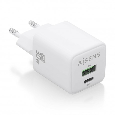 AISENS Cargador Gan 30W, 1xUSB-C PD3.0 QC4.0, 1xUSB-A QC3.0, Blanco