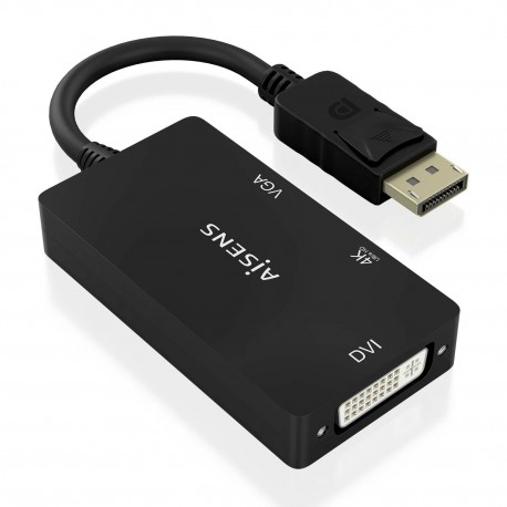 AISENS Conversor Displayport V1.2 a VGA/DVI/HDMI, DP 1.2/M-VGA/H-DVI/H-HDMI/H 4K, Negro, 15cm