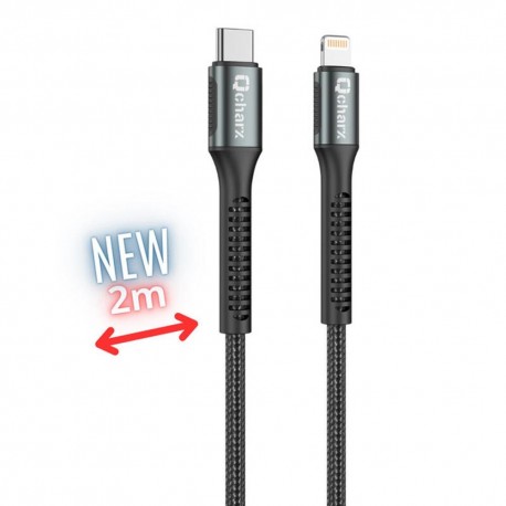 Cable qchar prague usb tipo c a lightning - 2m - aleacion de aluminio negro cordon de tela suave