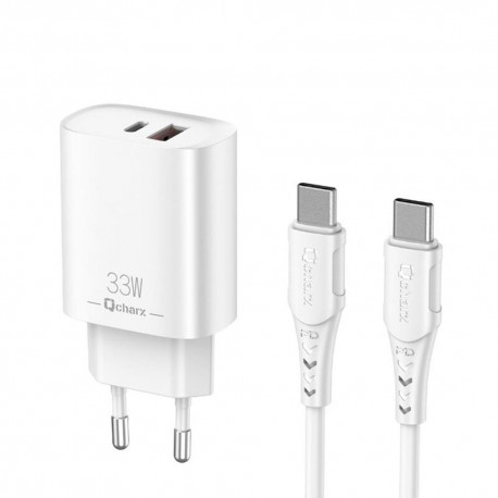 Cargador qcharx eros 3a 33w 1 x usb tipo a - 1 x usb tipo c blanco + cable usb tipo c