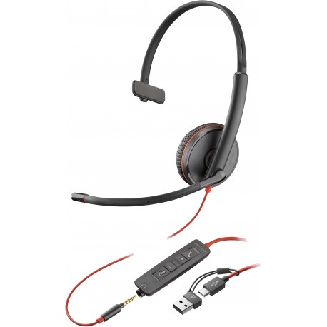 POLY - POLY Auriculares monoaurales Blackwire 3215 USB-C + Conector de 3,5 mm + Adaptador USB-C/A - 8X227AA